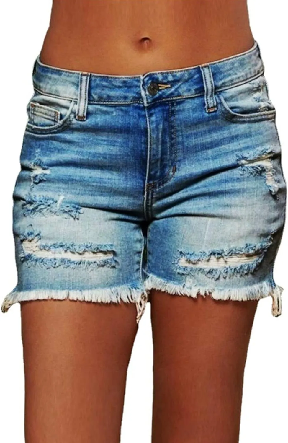 Women Casual Stretchy Denim Shorts High Waisted Ripped Jeans Shorts Distressed Hem Frayed Denim Hot Short