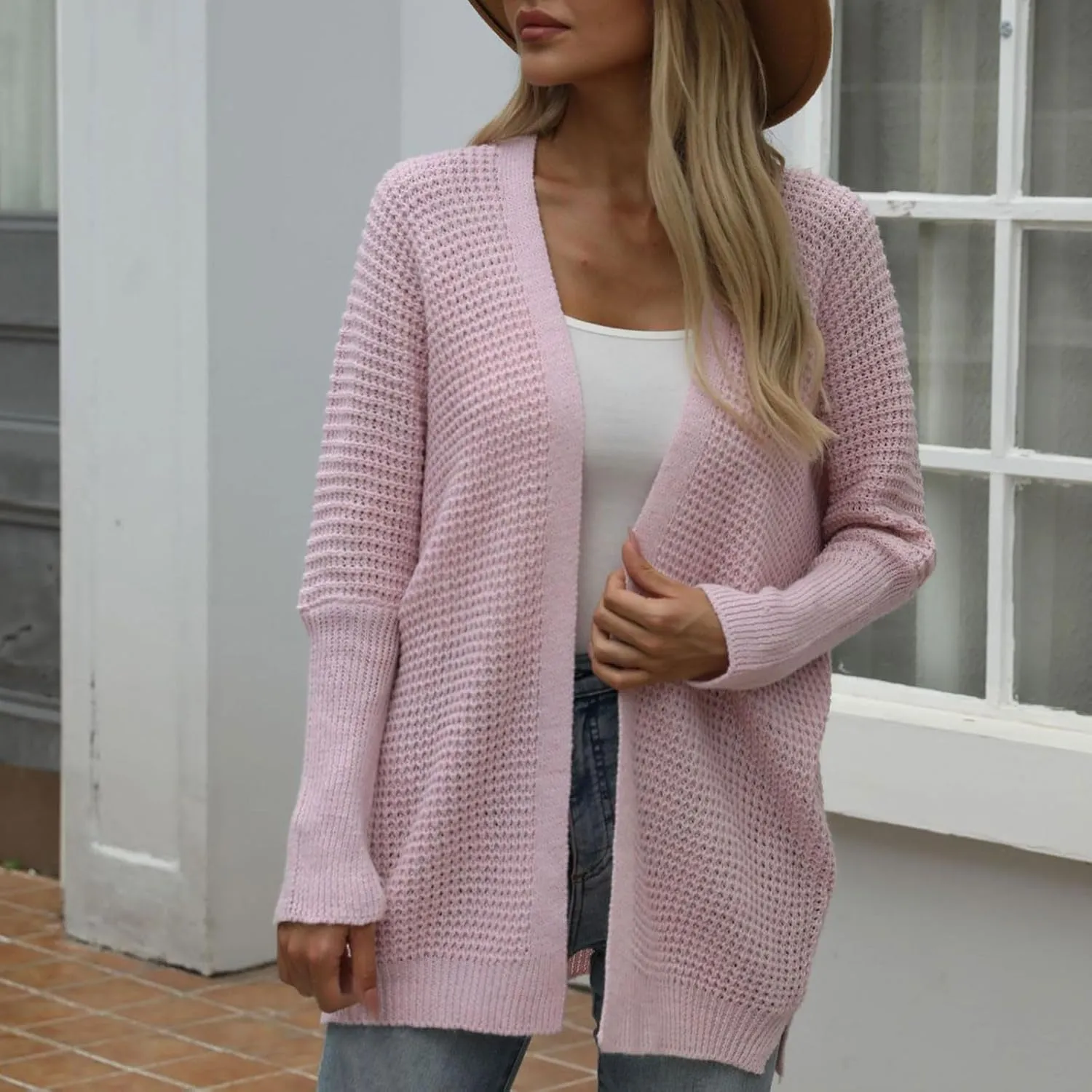 Women Comfortable Open Front Cardigan V-Neck Casual Cable Knit Outwear Loose Trendy Sweaters