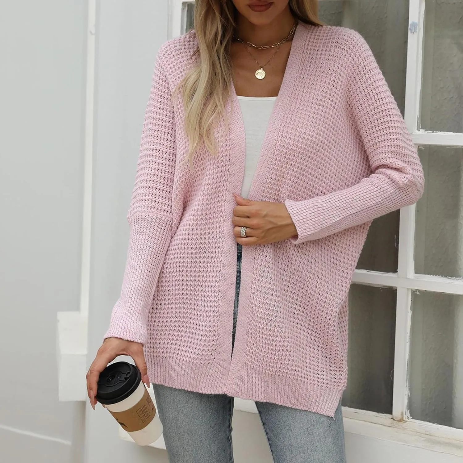 Women Comfortable Open Front Cardigan V-Neck Casual Cable Knit Outwear Loose Trendy Sweaters