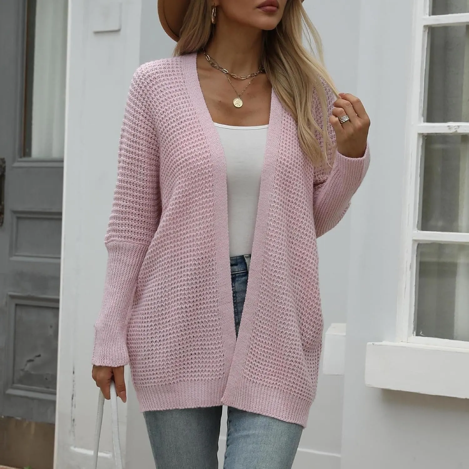 Women Comfortable Open Front Cardigan V-Neck Casual Cable Knit Outwear Loose Trendy Sweaters