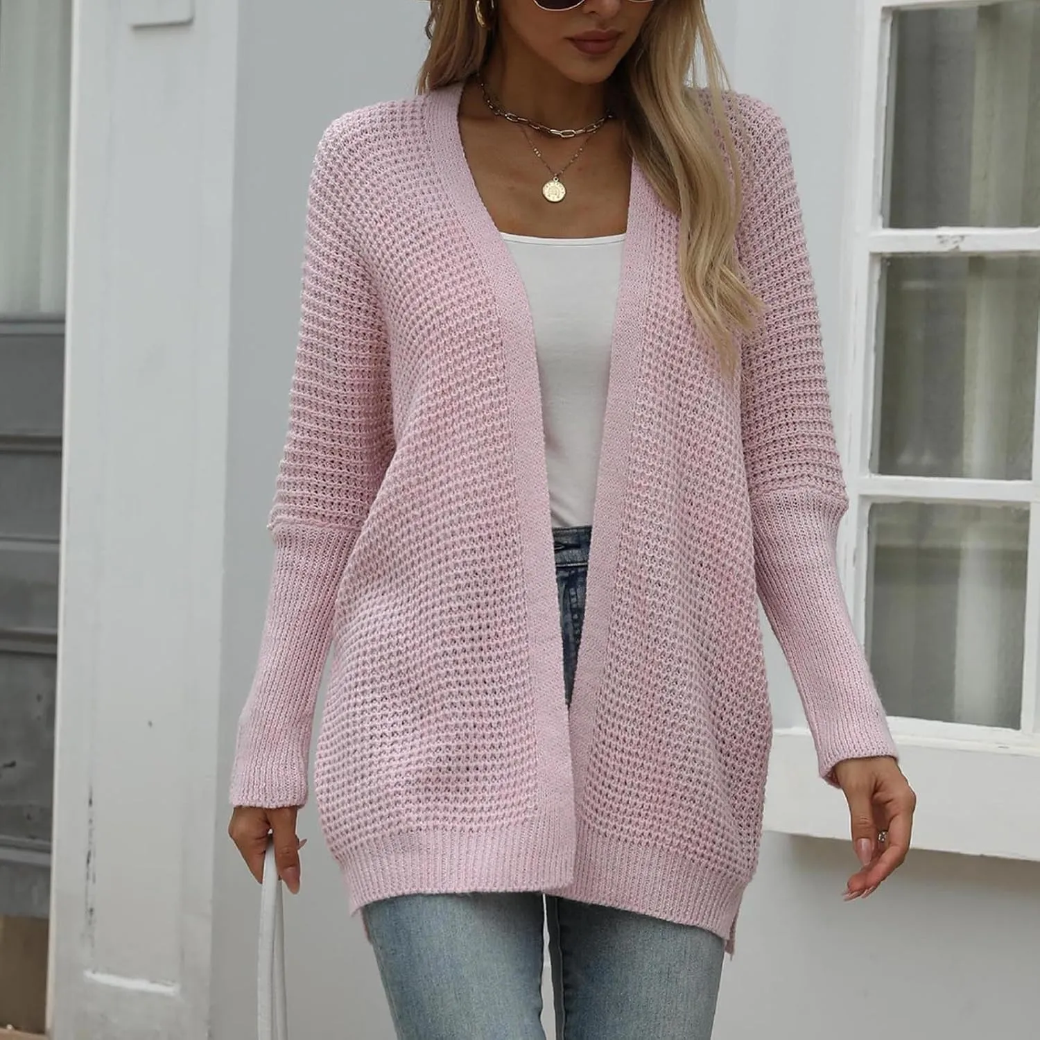 Women Comfortable Open Front Cardigan V-Neck Casual Cable Knit Outwear Loose Trendy Sweaters