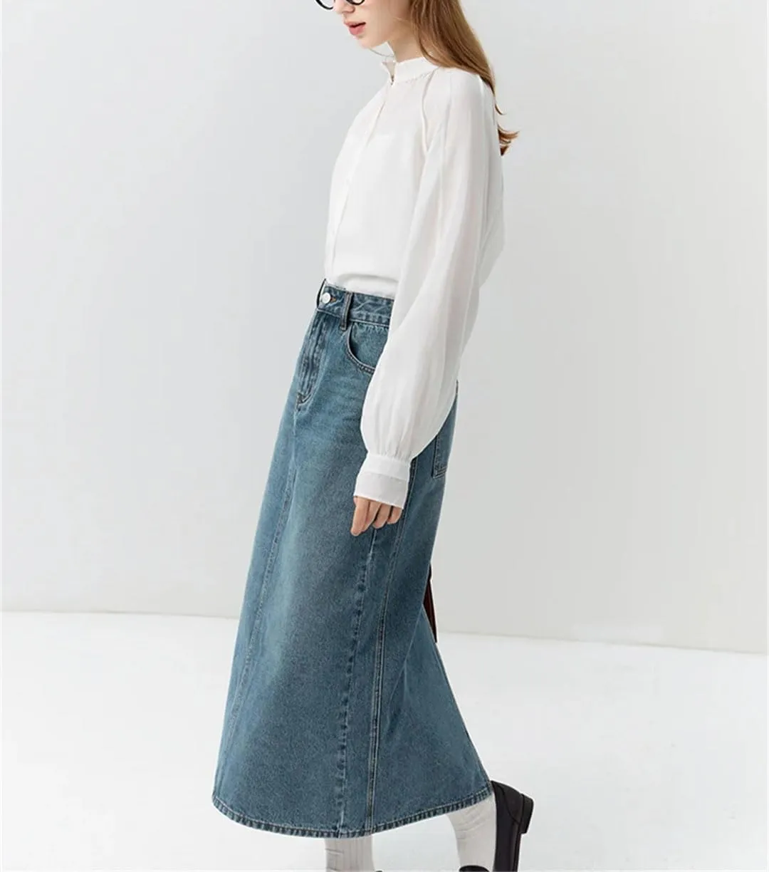Women Denim High Waist A-LINE Skirts Casual Back Slit Long Skirt Washed Denim Skirts
