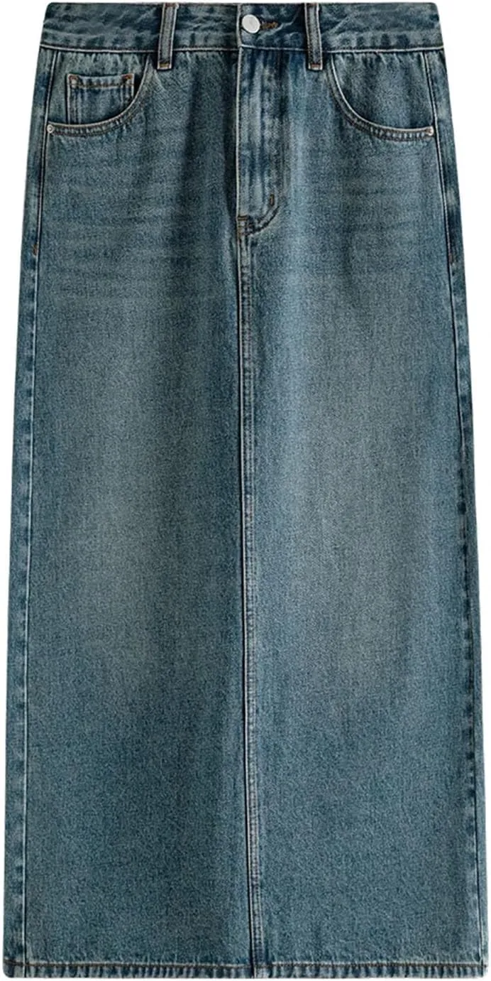 Women Denim High Waist A-LINE Skirts Casual Back Slit Long Skirt Washed Denim Skirts