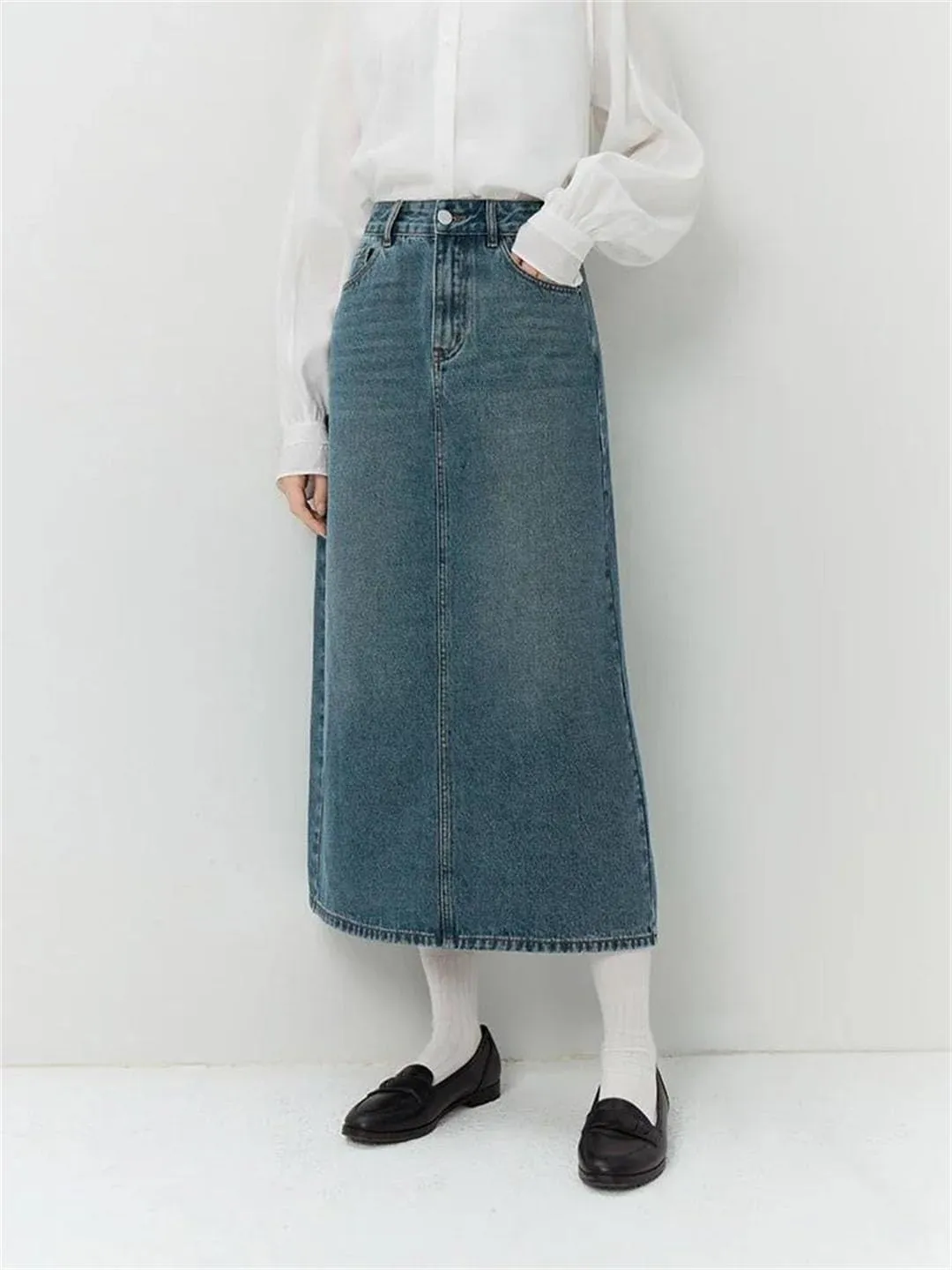 Women Denim High Waist A-LINE Skirts Casual Back Slit Long Skirt Washed Denim Skirts