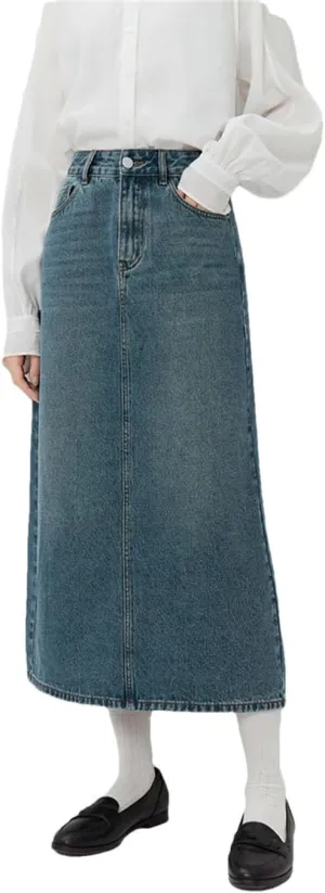 Women Denim High Waist A-LINE Skirts Casual Back Slit Long Skirt Washed Denim Skirts