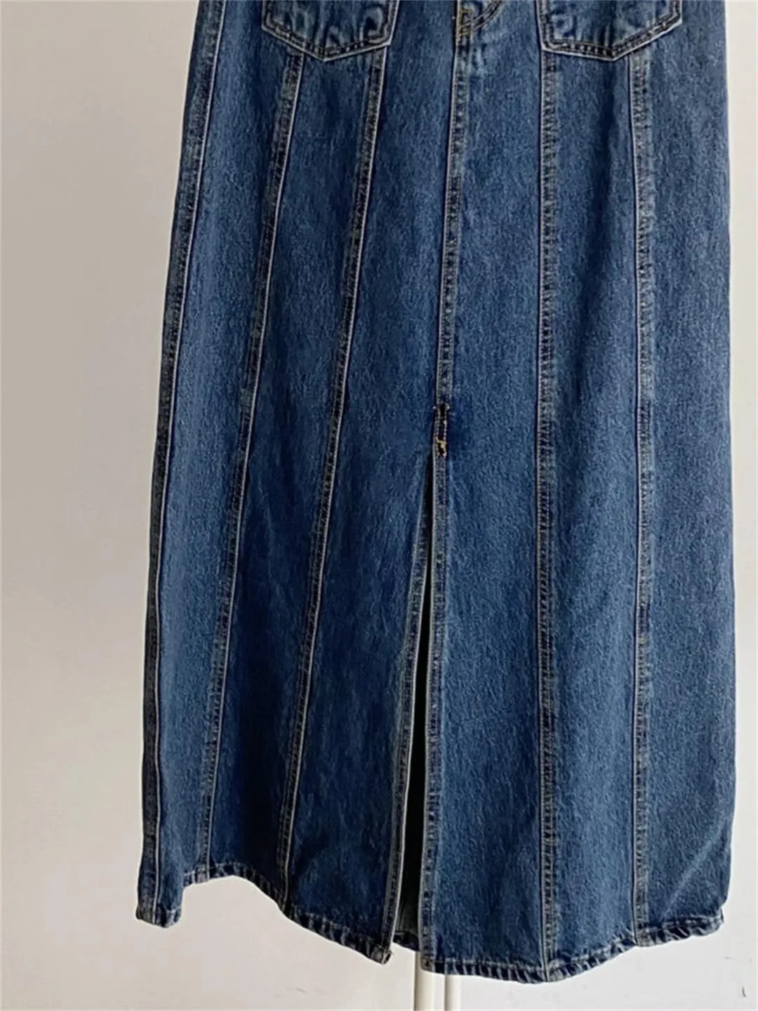 Women Fishtail Jeans Skirts Patchwork Front Split Floor-Length Denim Skirts