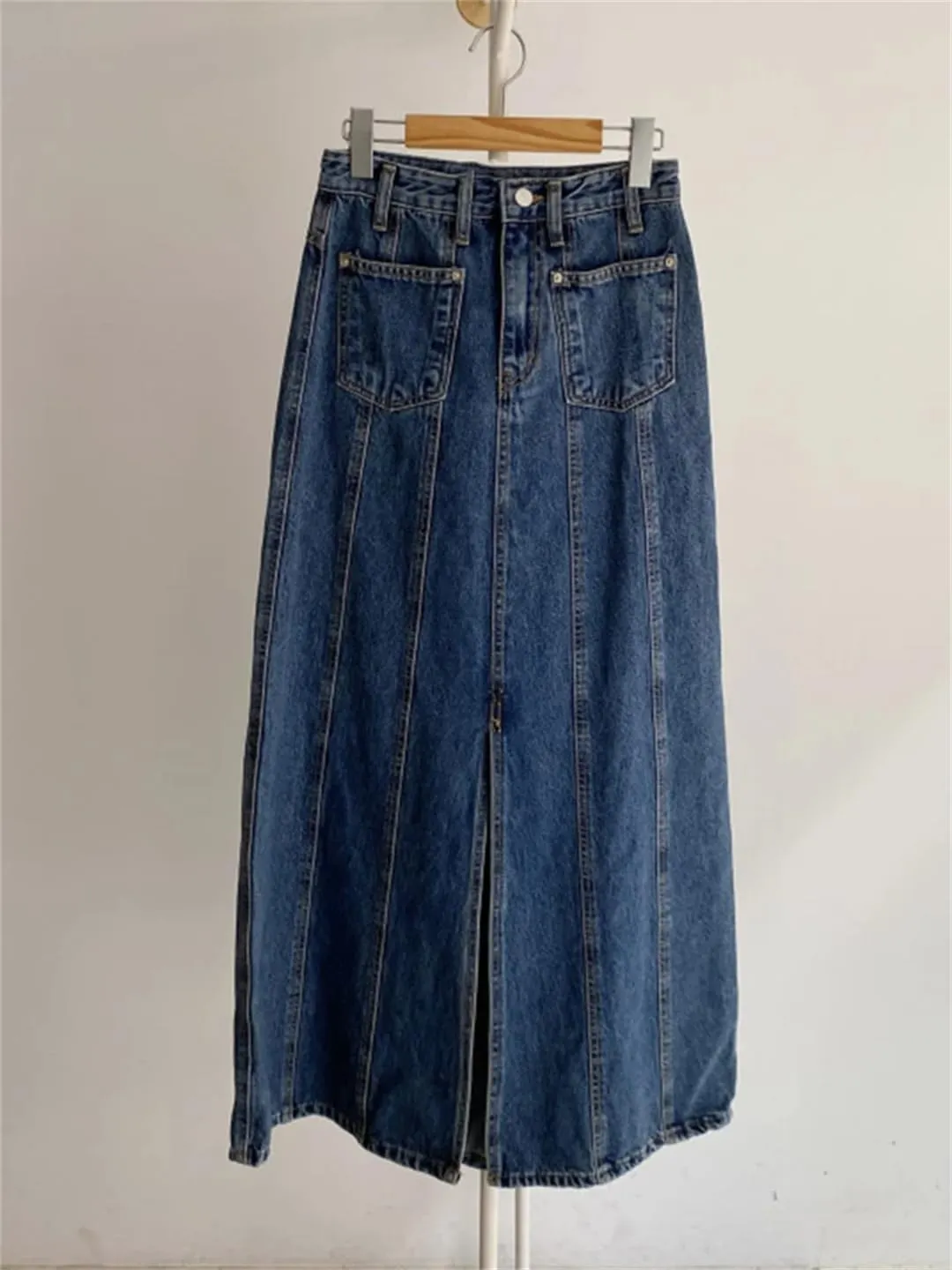 Women Fishtail Jeans Skirts Patchwork Front Split Floor-Length Denim Skirts