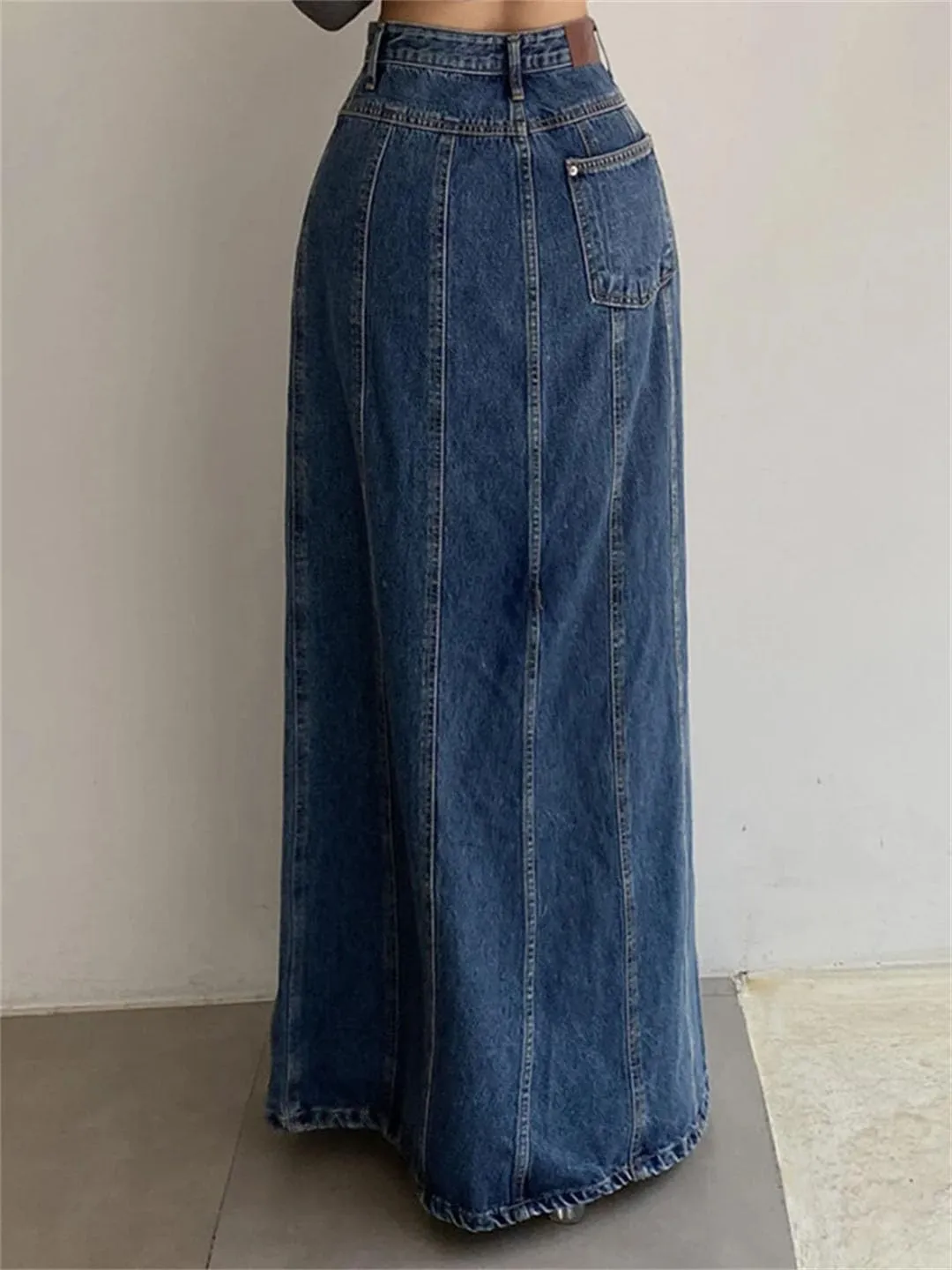 Women Fishtail Jeans Skirts Patchwork Front Split Floor-Length Denim Skirts