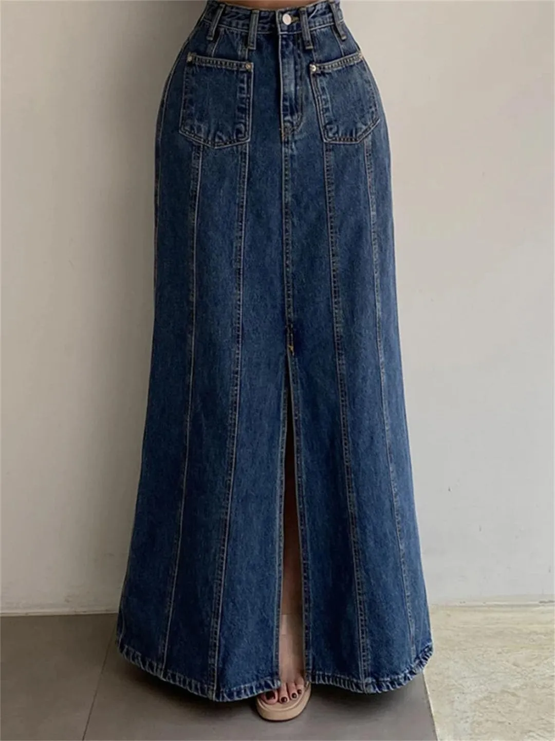 Women Fishtail Jeans Skirts Patchwork Front Split Floor-Length Denim Skirts