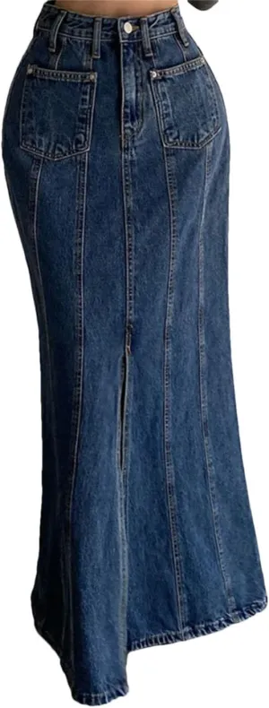 Women Fishtail Jeans Skirts Patchwork Front Split Floor-Length Denim Skirts