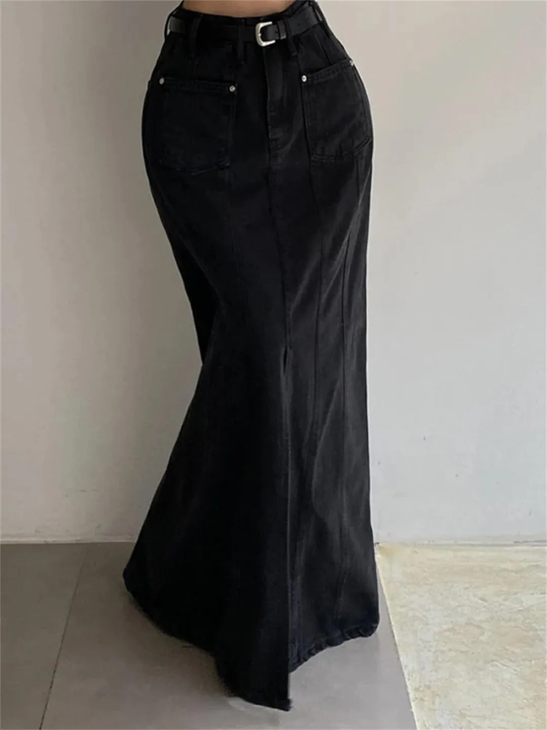 Women Fishtail Jeans Skirts Patchwork Front Split Floor-Length Denim Skirts