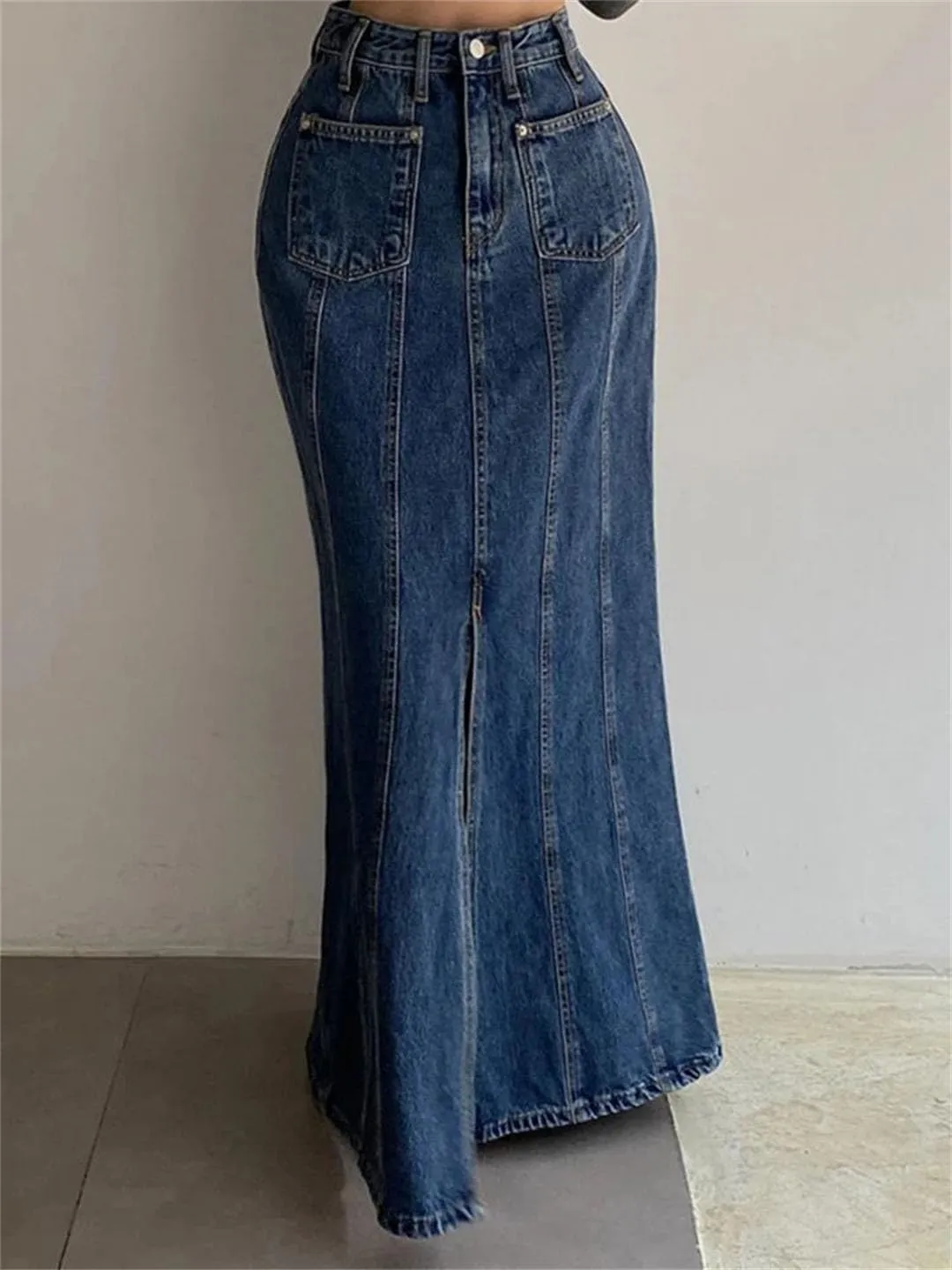 Women Fishtail Jeans Skirts Patchwork Front Split Floor-Length Denim Skirts