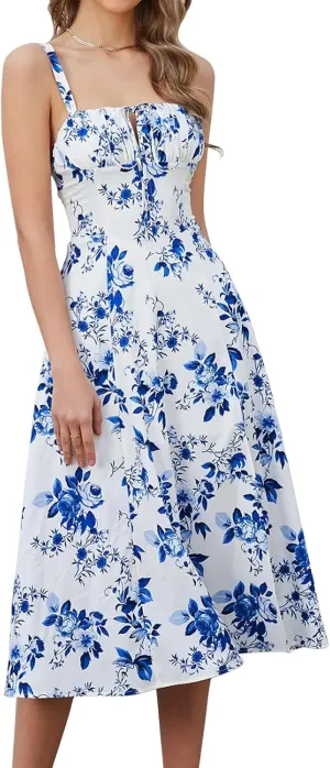 Women Floral Corset Dress Boho Floral Sleeveless Slit Lace Up Dresses Casual Flowy Going Out A Line Midi Sundress