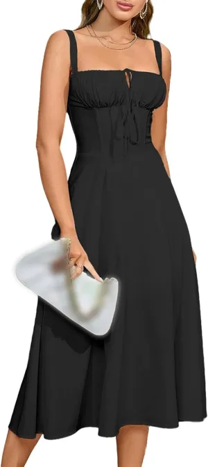 Women Floral Corset Dress Boho Floral Sleeveless Slit Lace Up Dresses Casual Flowy Going Out A Line Midi Sundress
