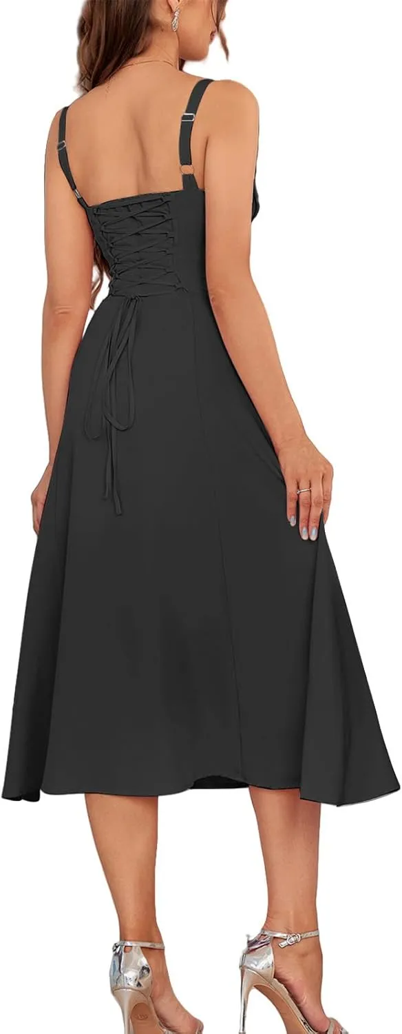 Women Floral Corset Dress Boho Floral Sleeveless Slit Lace Up Dresses Casual Flowy Going Out A Line Midi Sundress