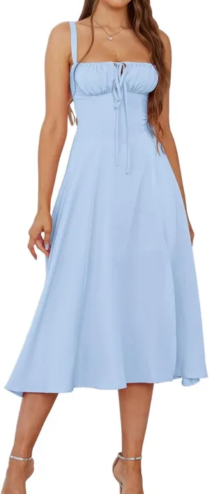 Women Floral Corset Dress Boho Floral Sleeveless Slit Lace Up Dresses Casual Flowy Going Out A Line Midi Sundress