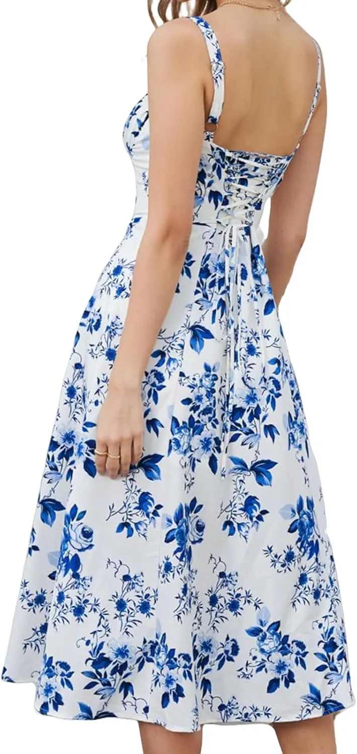 Women Floral Corset Dress Boho Floral Sleeveless Slit Lace Up Dresses Casual Flowy Going Out A Line Midi Sundress