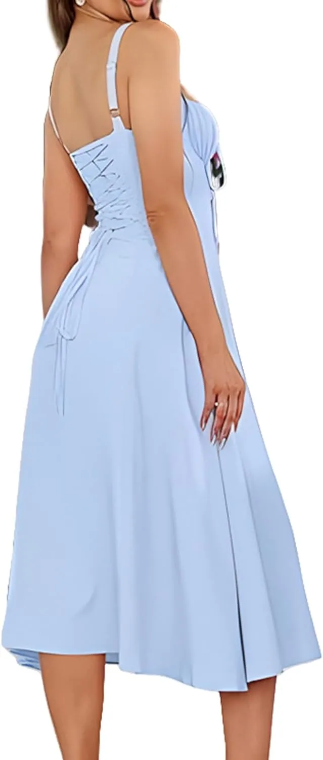 Women Floral Corset Dress Boho Floral Sleeveless Slit Lace Up Dresses Casual Flowy Going Out A Line Midi Sundress