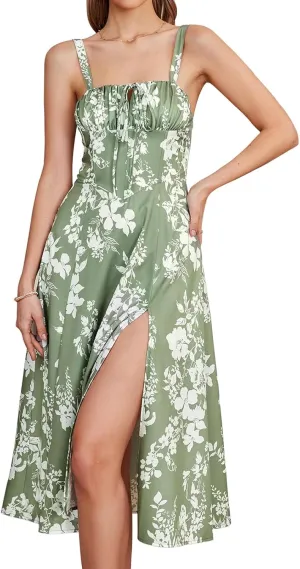 Women Floral Corset Dress Boho Floral Sleeveless Slit Lace Up Dresses Casual Flowy Going Out A Line Midi Sundress
