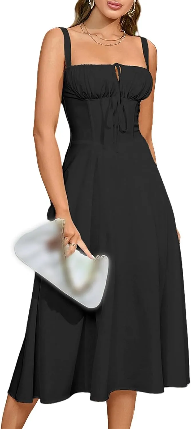 Women Floral Corset Dress Boho Floral Sleeveless Slit Lace Up Dresses Casual Flowy Going Out A Line Midi Sundress