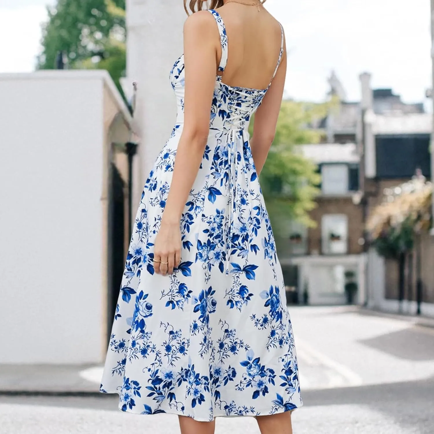 Women Floral Corset Dress Boho Floral Sleeveless Slit Lace Up Dresses Casual Flowy Going Out A Line Midi Sundress