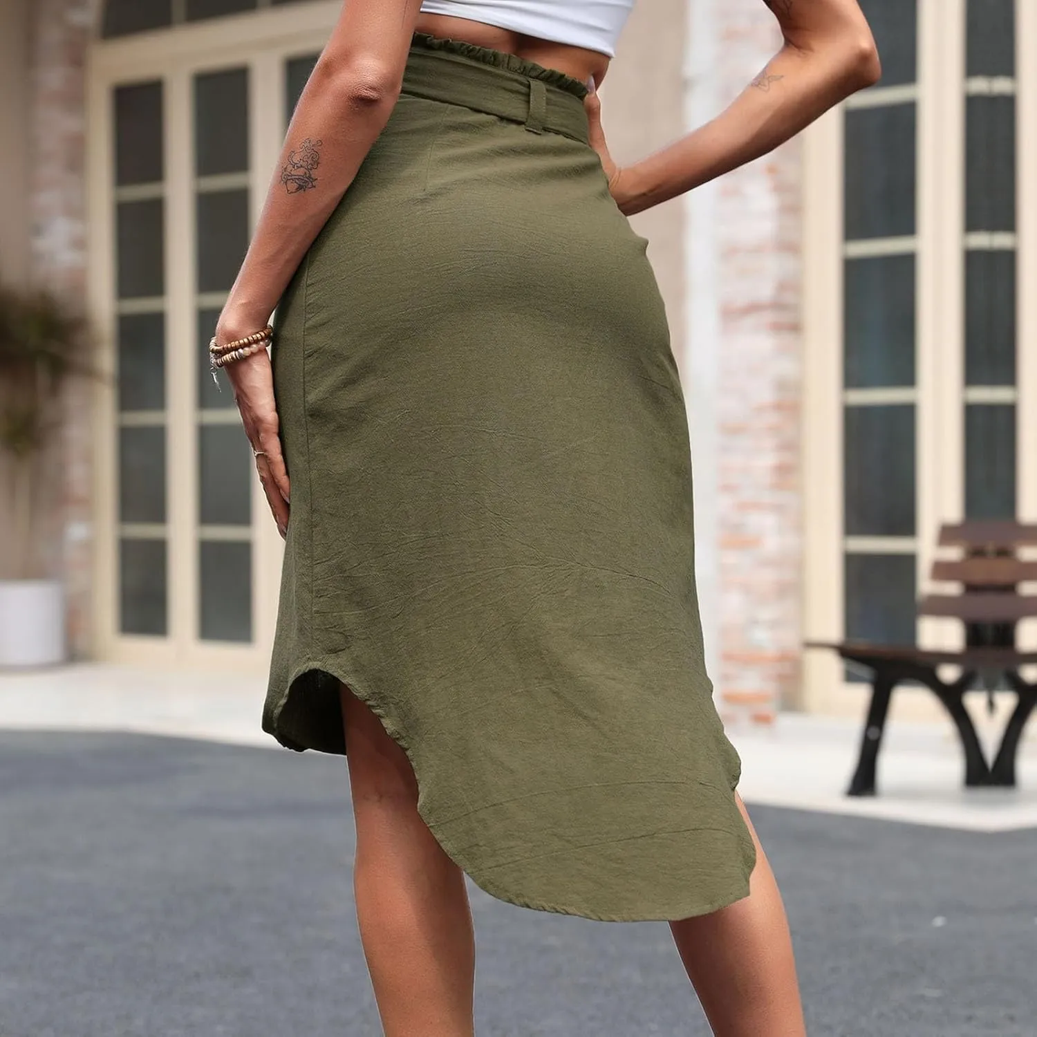 Women High Waist Skirt Irregular Hem Button Front Midi Skirt with Belt Elegant Office Fashion Casual Vintage Skirts