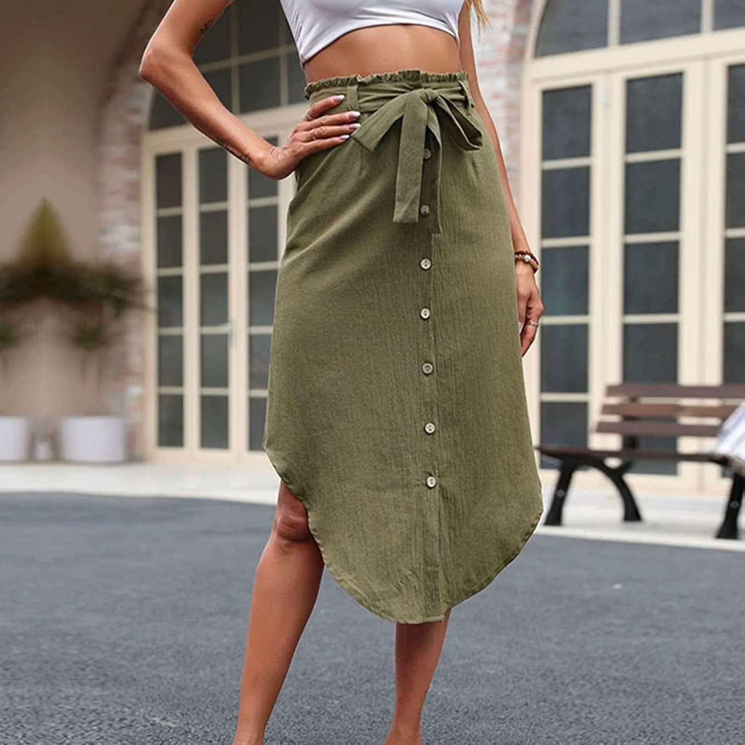 Women High Waist Skirt Irregular Hem Button Front Midi Skirt with Belt Elegant Office Fashion Casual Vintage Skirts