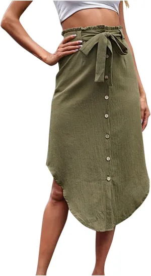 Women High Waist Skirt Irregular Hem Button Front Midi Skirt with Belt Elegant Office Fashion Casual Vintage Skirts