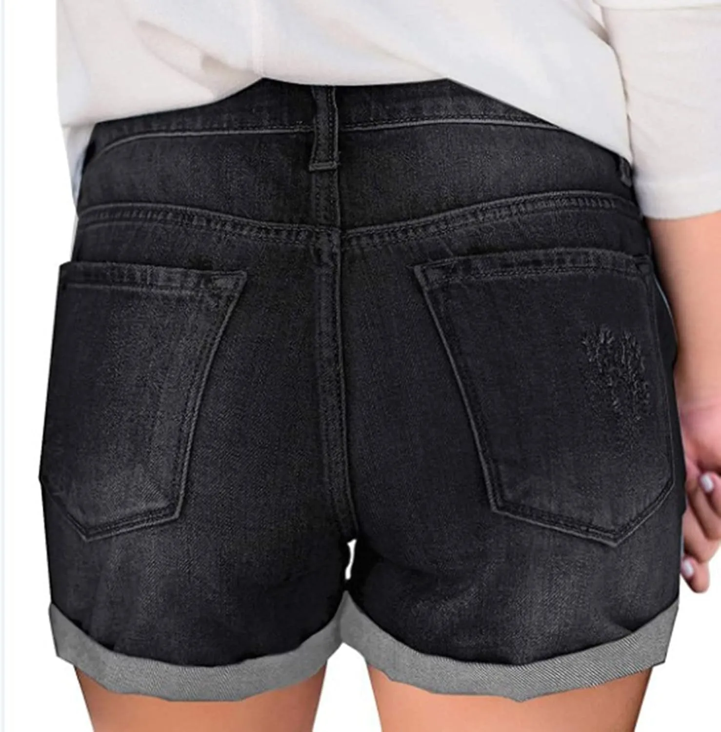 Women High Waisted Denim Hot Shorts Trendy Ripped Jean Summer Casual Shorts Stretch Raw Hem Denim Shorts w Pockets