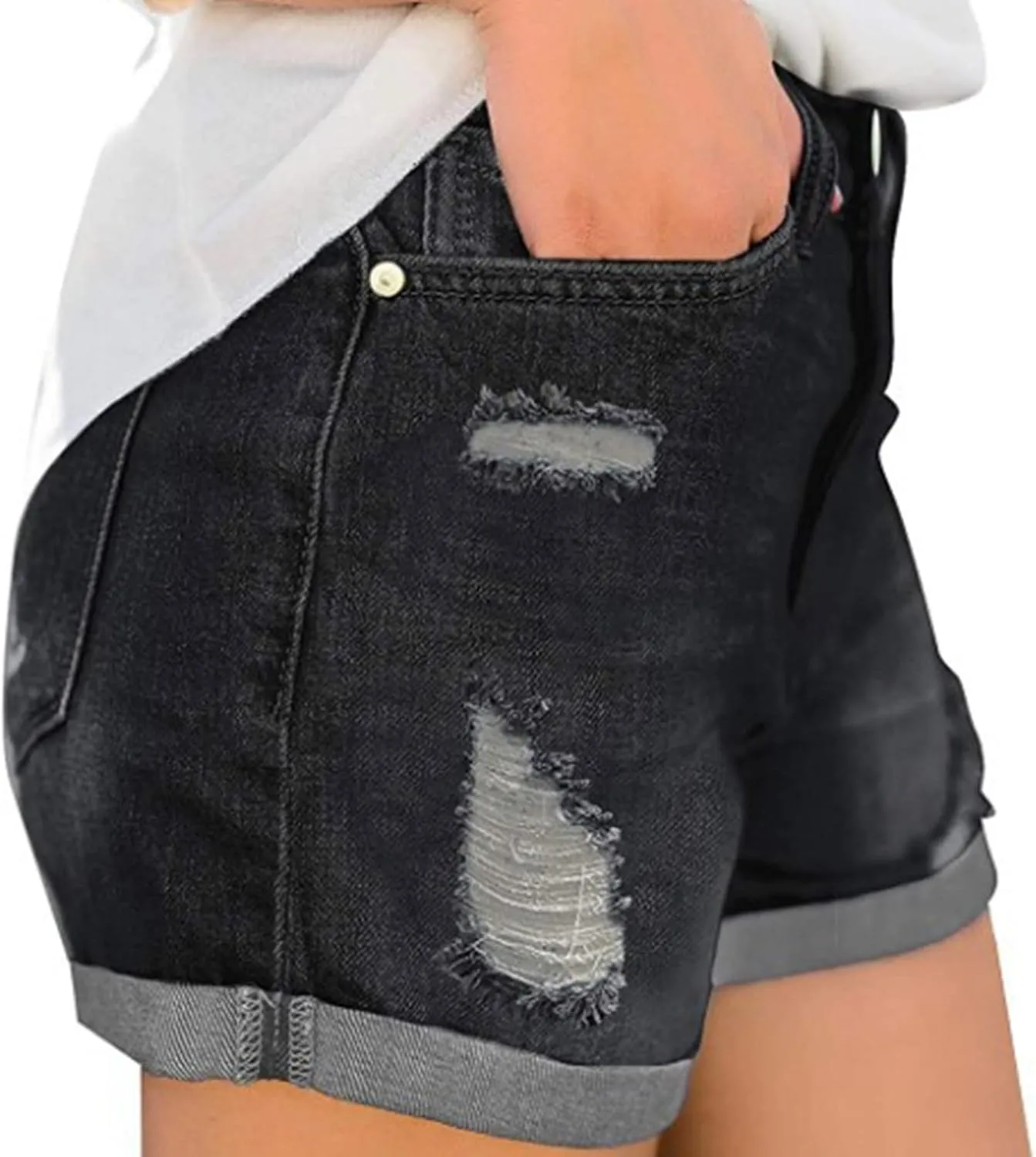 Women High Waisted Denim Hot Shorts Trendy Ripped Jean Summer Casual Shorts Stretch Raw Hem Denim Shorts w Pockets