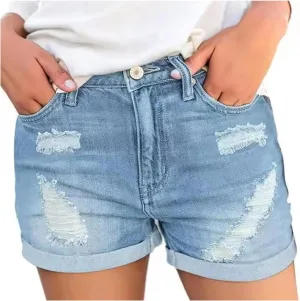 Women High Waisted Denim Hot Shorts Trendy Ripped Jean Summer Casual Shorts Stretch Raw Hem Denim Shorts w Pockets
