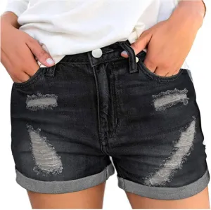 Women High Waisted Denim Hot Shorts Trendy Ripped Jean Summer Casual Shorts Stretch Raw Hem Denim Shorts w Pockets