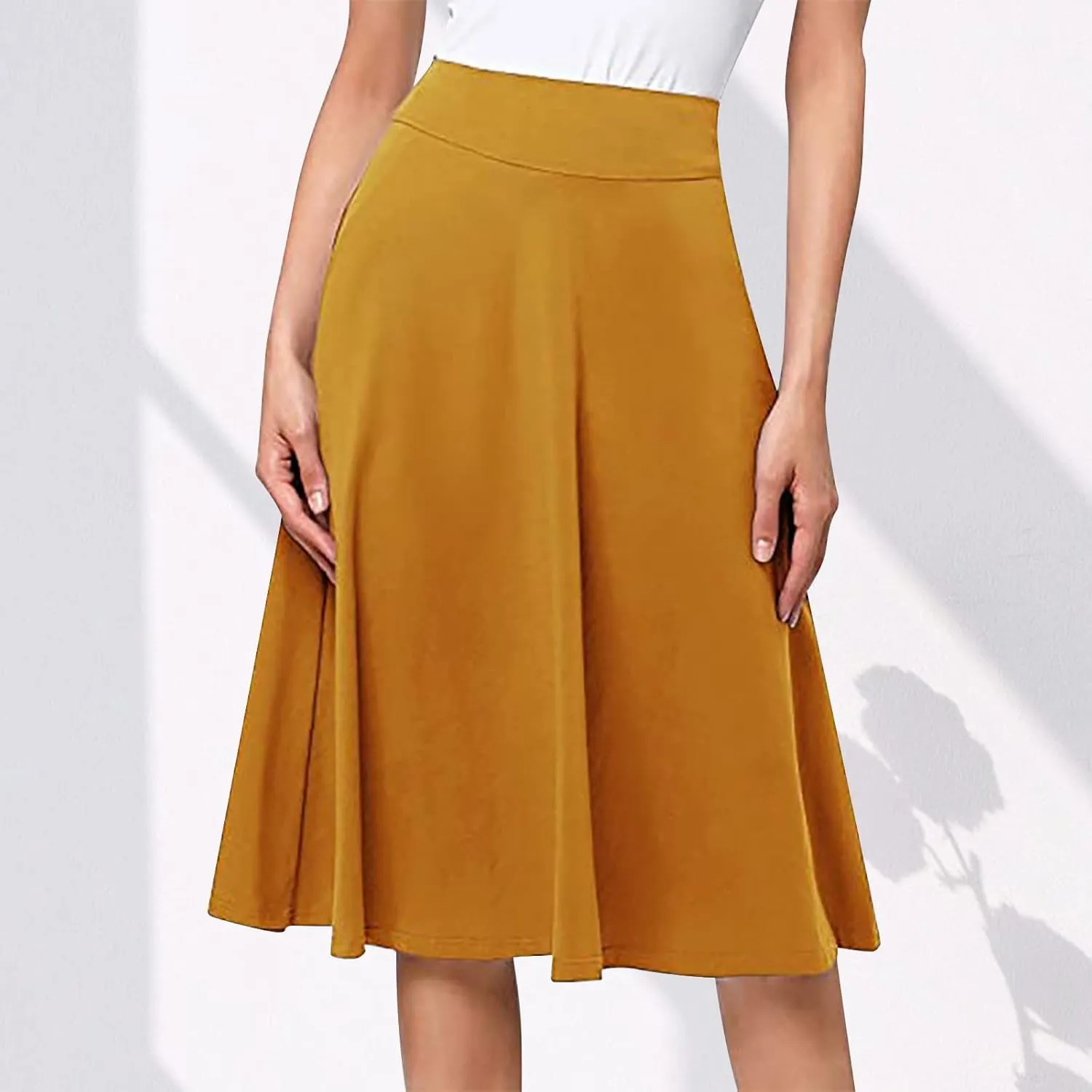 Women Midi Skirt High Waisted Zipper Solid Color Casual Flowy Knee Length Beach Skirts Ladies Summer Work Outfit