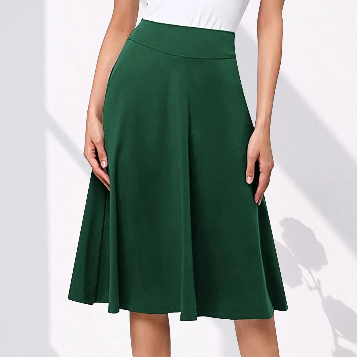 Women Midi Skirt High Waisted Zipper Solid Color Casual Flowy Knee Length Beach Skirts Ladies Summer Work Outfit