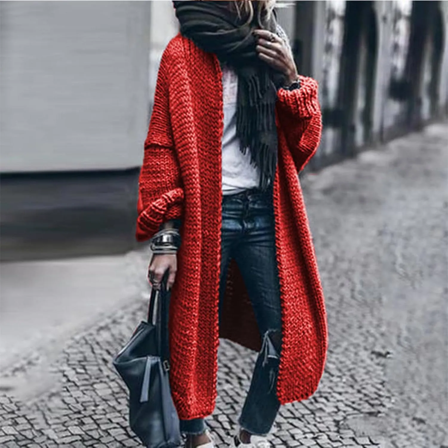 Women Open Front Cardigan Oversized Sweater Long Sleeve Chunky Cable Knit Long Cardigan Solid Color Outwear