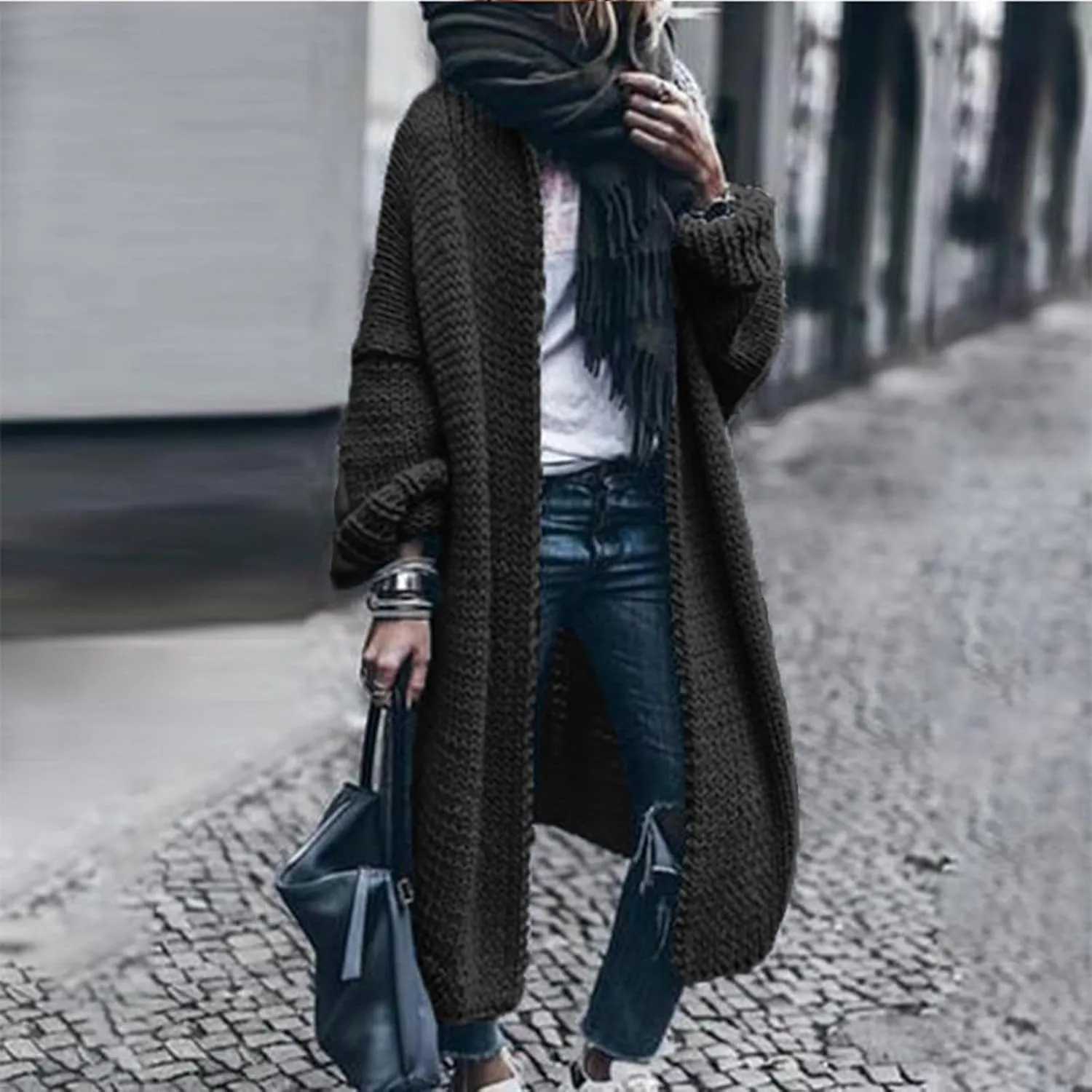 Women Open Front Cardigan Oversized Sweater Long Sleeve Chunky Cable Knit Long Cardigan Solid Color Outwear