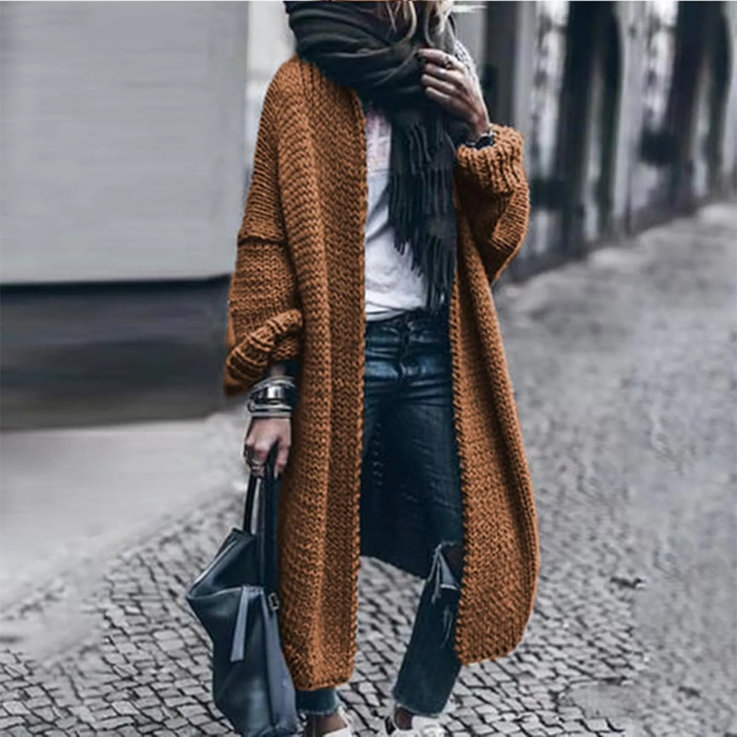 Women Open Front Cardigan Oversized Sweater Long Sleeve Chunky Cable Knit Long Cardigan Solid Color Outwear