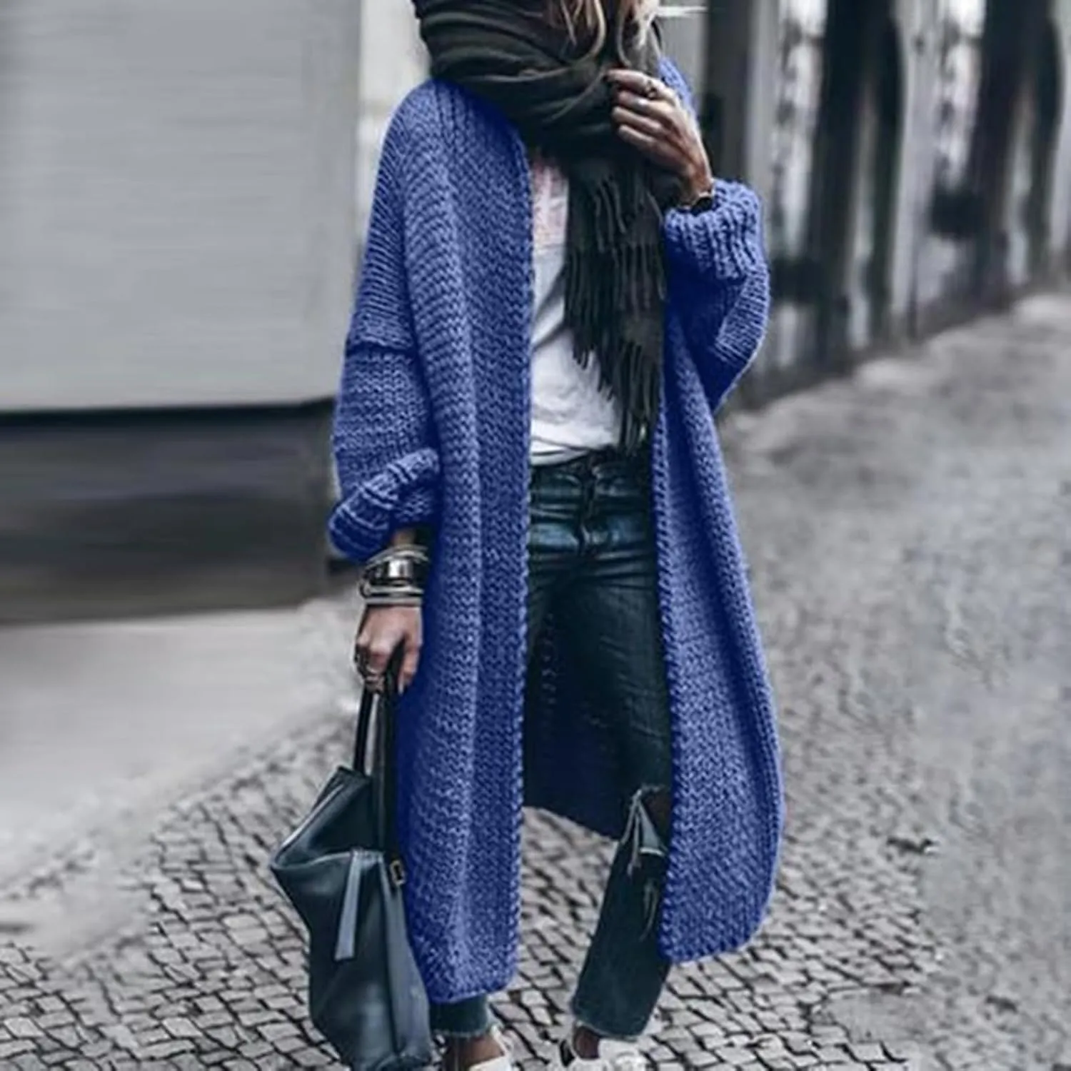 Women Open Front Cardigan Oversized Sweater Long Sleeve Chunky Cable Knit Long Cardigan Solid Color Outwear
