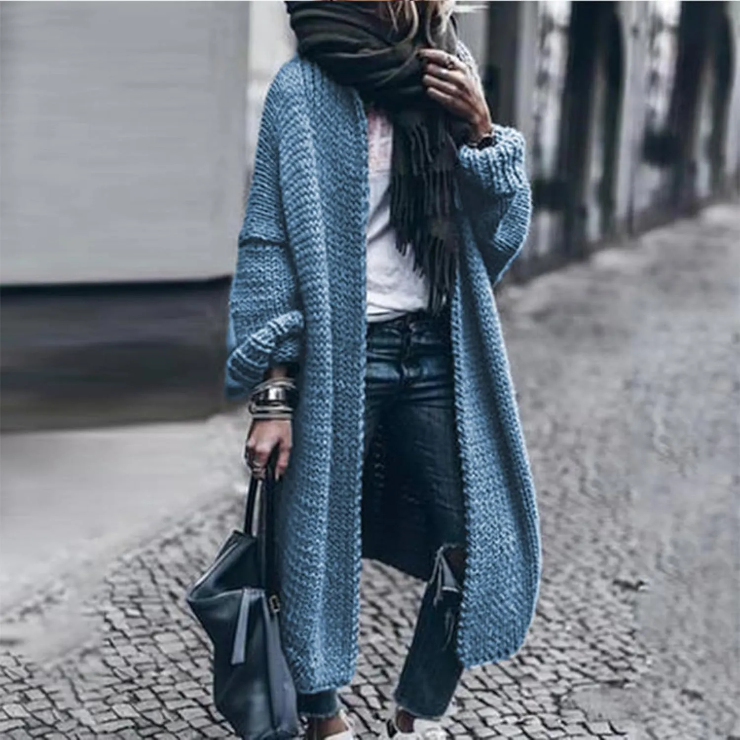 Women Open Front Cardigan Oversized Sweater Long Sleeve Chunky Cable Knit Long Cardigan Solid Color Outwear