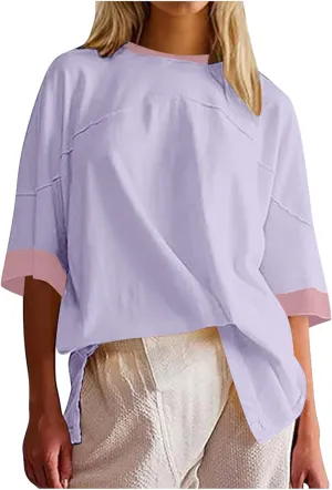 Women Oversized Color Block 3/4 Sleeve T Shirt Crewneck Patchwork Split Hem Shirt Casual Loose Summer Tee Tops