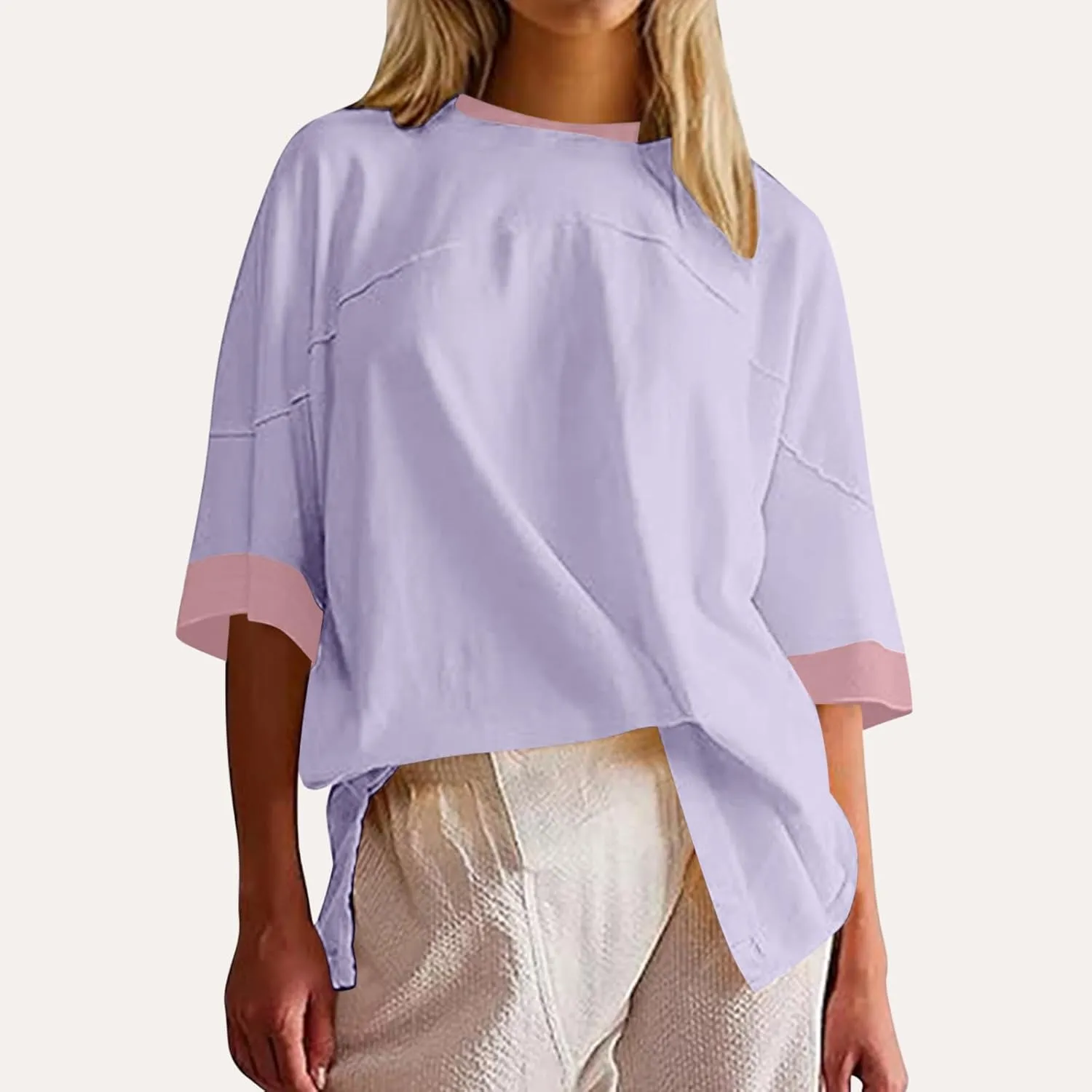 Women Oversized Color Block 3/4 Sleeve T Shirt Crewneck Patchwork Split Hem Shirt Casual Loose Summer Tee Tops