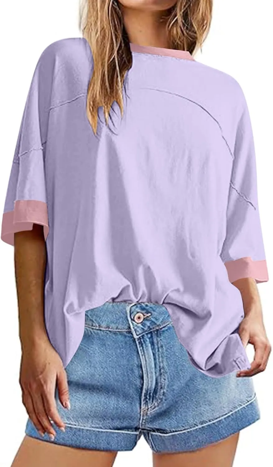 Women Oversized Color Block 3/4 Sleeve T Shirt Crewneck Patchwork Split Hem Shirt Casual Loose Summer Tee Tops