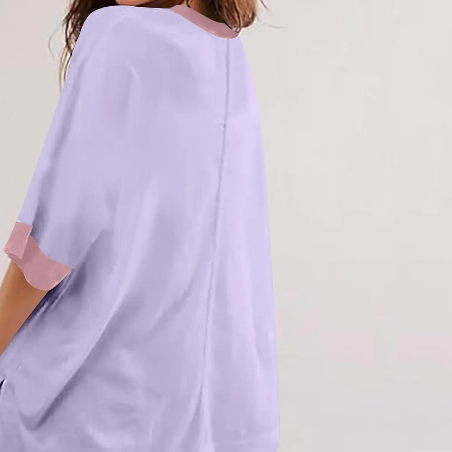 Women Oversized Color Block 3/4 Sleeve T Shirt Crewneck Patchwork Split Hem Shirt Casual Loose Summer Tee Tops