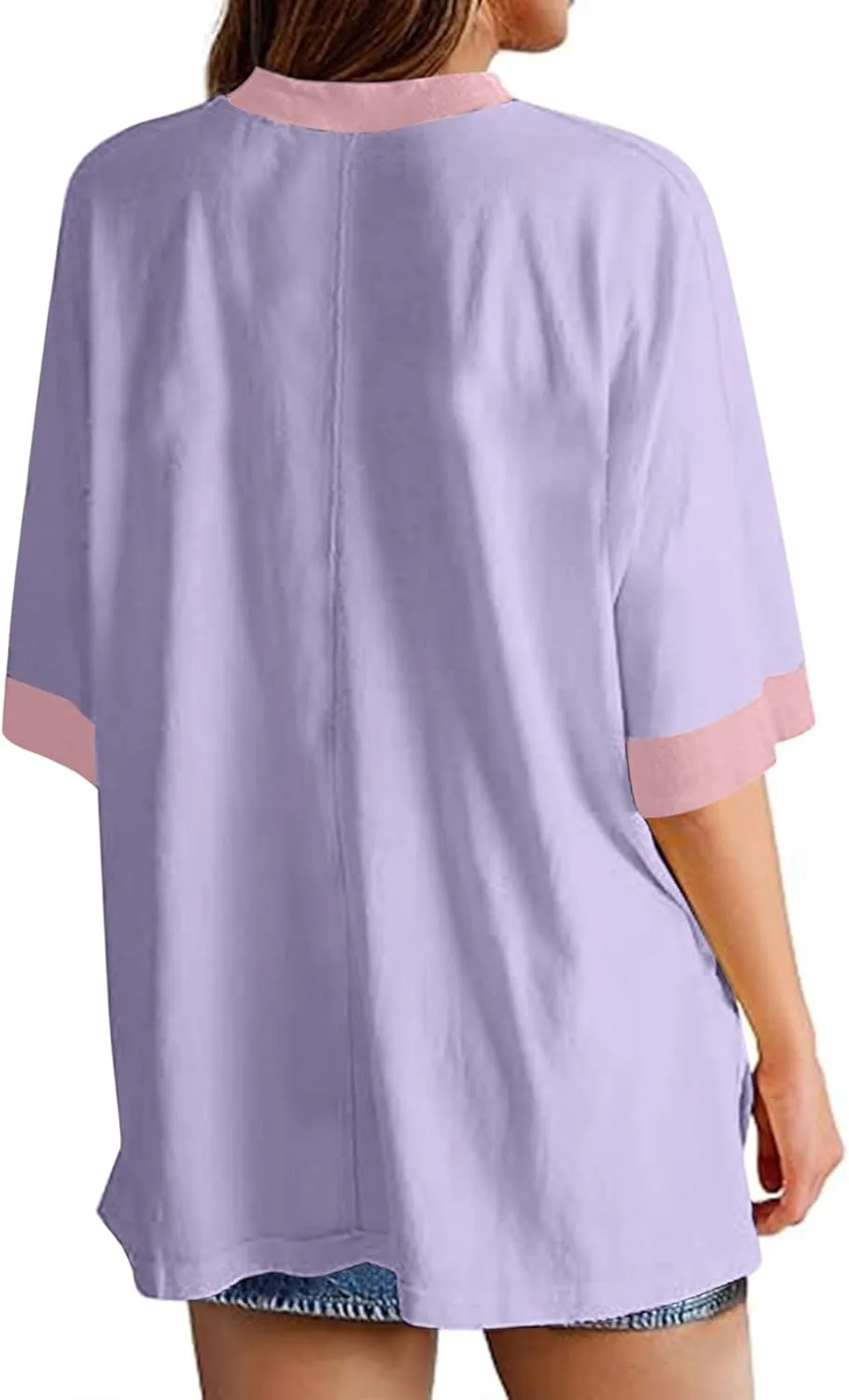 Women Oversized Color Block 3/4 Sleeve T Shirt Crewneck Patchwork Split Hem Shirt Casual Loose Summer Tee Tops