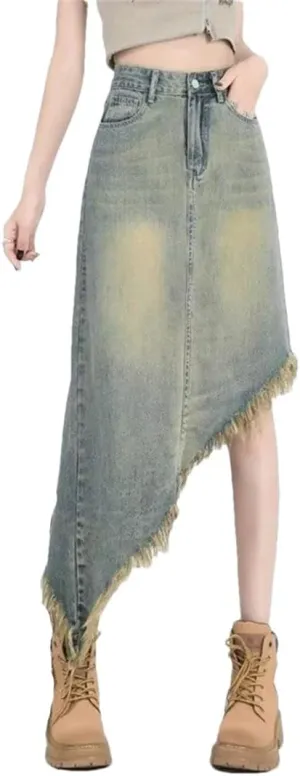 Women Retro Asymmetric Midi Jeans Skirts Streetwear Washed Vintage Denim Skirts