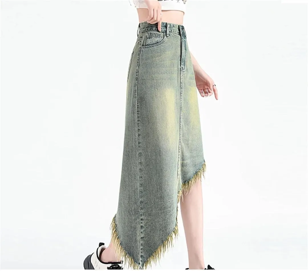 Women Retro Asymmetric Midi Jeans Skirts Streetwear Washed Vintage Denim Skirts