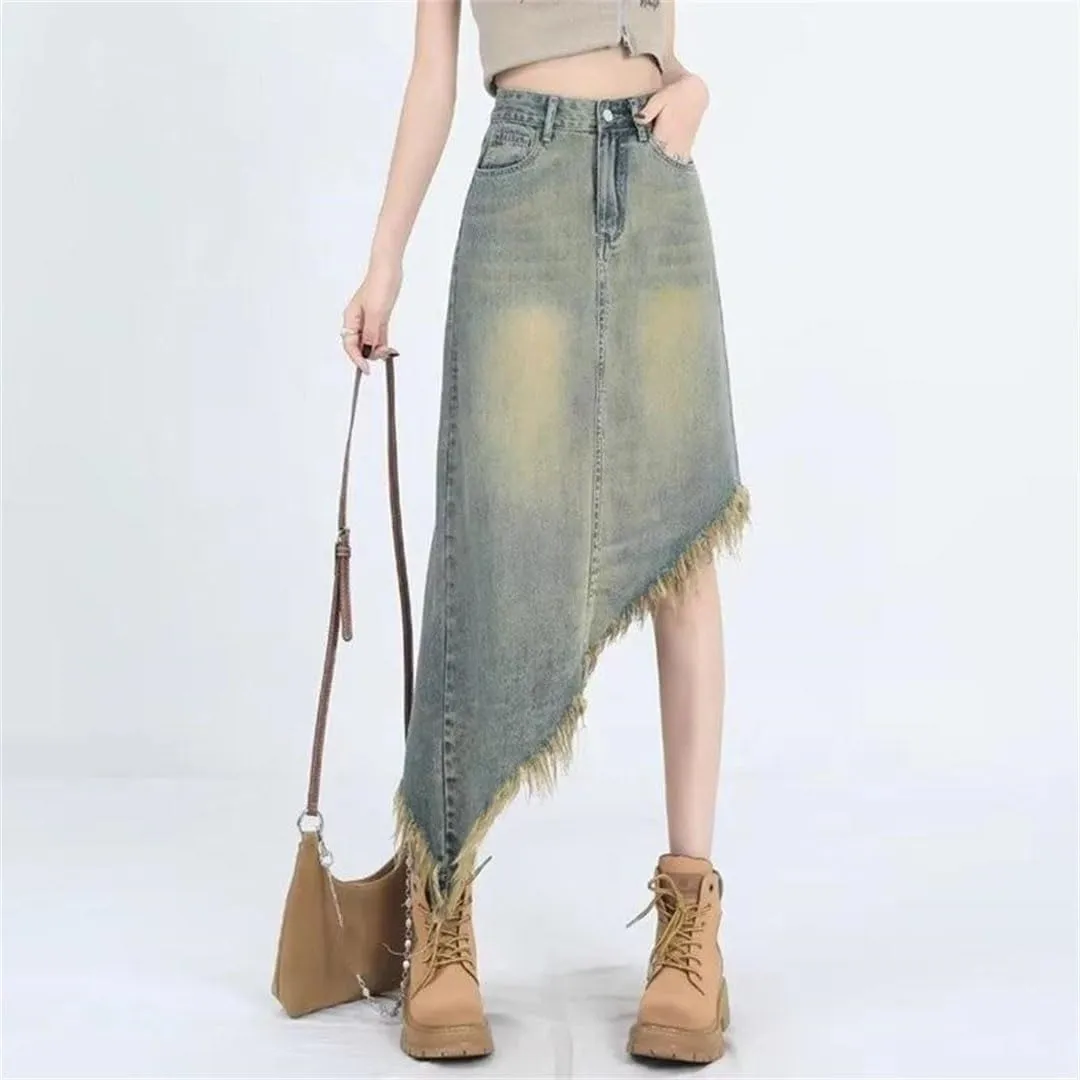 Women Retro Asymmetric Midi Jeans Skirts Streetwear Washed Vintage Denim Skirts
