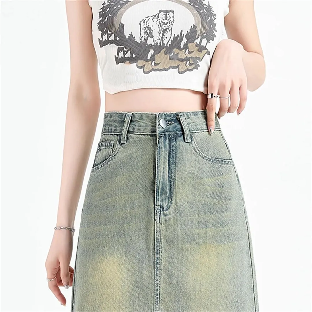 Women Retro Asymmetric Midi Jeans Skirts Streetwear Washed Vintage Denim Skirts