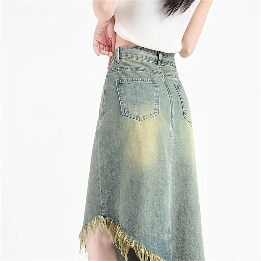 Women Retro Asymmetric Midi Jeans Skirts Streetwear Washed Vintage Denim Skirts