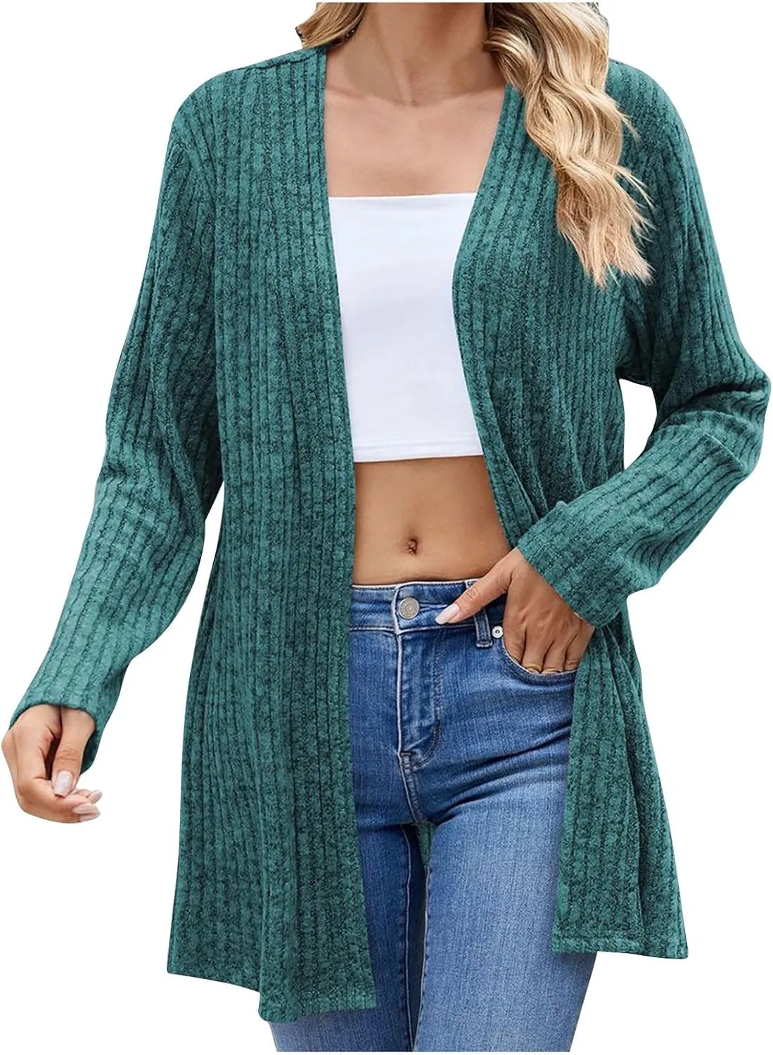Women Ribbed Knit Cardigan Sweater Long Sleeve Lightweight Soft Open Front Sweaters 2024 Fall Trendy Sweater Coats